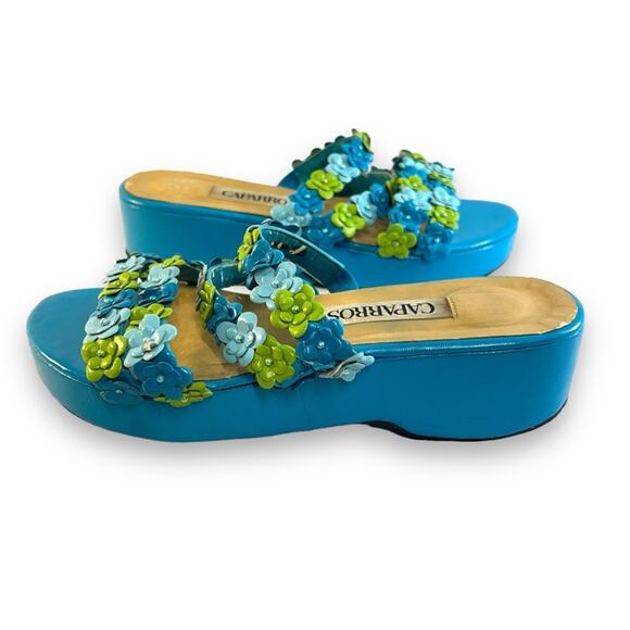 VINTAGE CAPARROS Turquoise Lime Floral and Bead Slide Platform Sandals SZ 6.5 - Picture 8 of 12